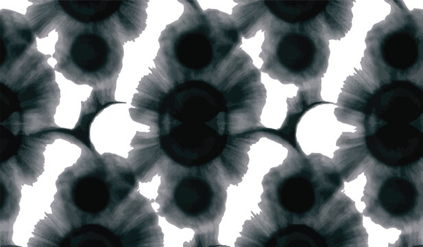 Abstract monochrome dark ink floral pattern with white negative space repeating elements