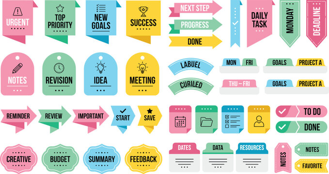 Planner sticker vector icons set, colorful notebook labels and business organizer ribbon tags bundle.