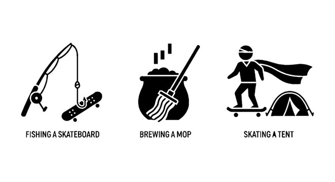 Whimsical illustrations of absurd activities with objects.