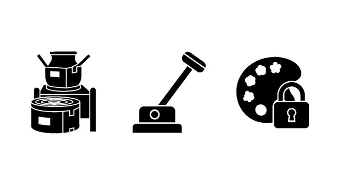 Black and white icons of camera printer and lock.