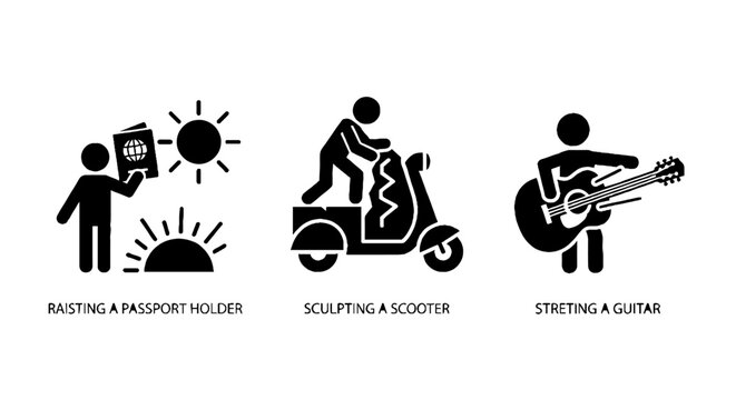 Black and white icons of hobbies and activities.