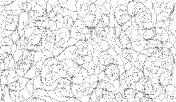 Abstract pattern of thin black tangled lines and circular shapes on a white background
