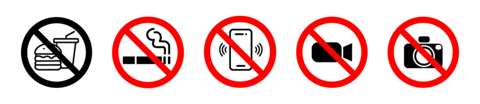 Set of prohibition signs for food smoking mobile phones and cameras .Including no food, no smoking, no mobile phones, no video recording, and no photography symbols.