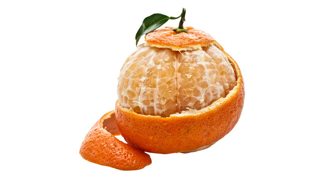 Fresh ripe orange fruit with a green leaf and partially peeled skin showing juicy segments in a studio lighting setup isolated on transparent background