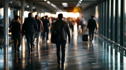 Fototapeta premium A man walks down a long airport corridor with other travelers moving toward bright sunlight ahead