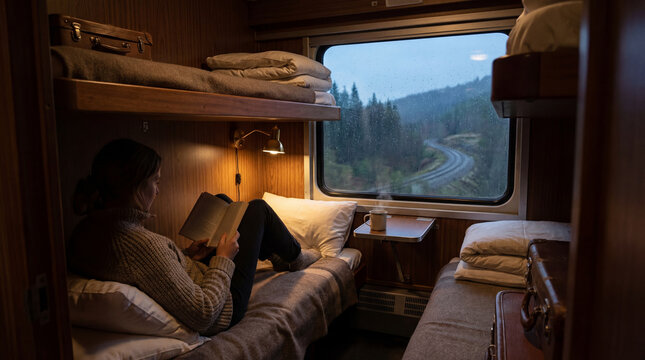Young woman reads book in cozy sleeper train cabin while rain streaks window with forest tracks outside for slow travel relaxation journey concept peaceful rail vacation atmosphere