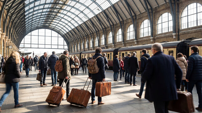 Busy train station with travelers carrying leather luggage beneath arched glass roof beside platform rail journey commute tourism departure scene urban mobility crowd busy platform routine