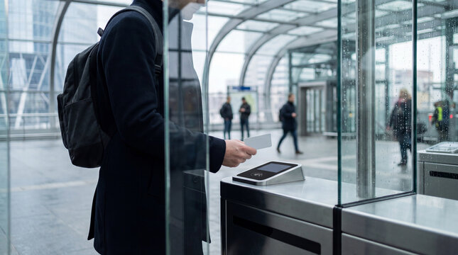 Business traveler holds access card near transit gate reader in glass station for contactless payment secure entry modern commute concept smart access transport security business commute story