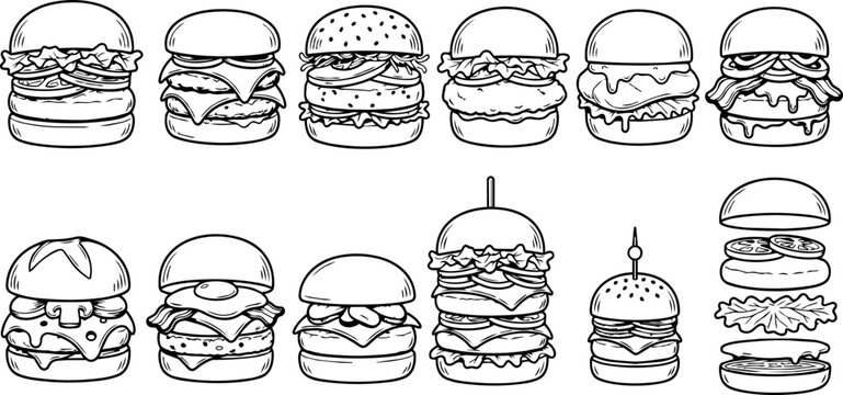 Gourmet Burger Line Art Icon Set &ndash; Cheeseburgers, Chicken Burgers, Bacon Burgers and Fast Food Outline Collection