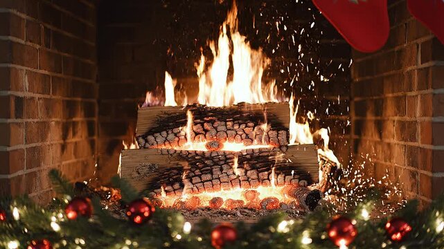Cozy Wood Fire Burning in Rustic Fireplace Background