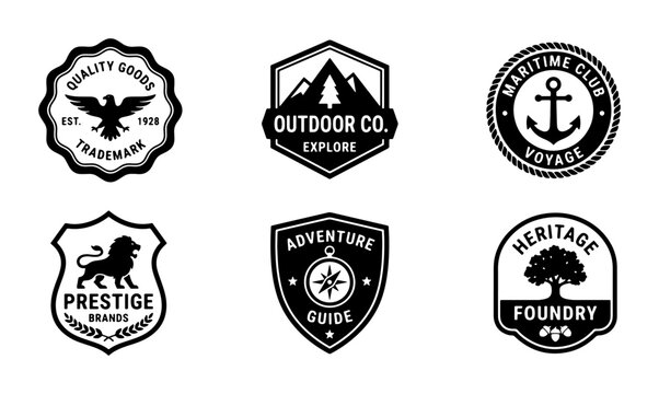 Vintage Badge Logos: Outdoor Adventure, Maritime, Heritage Foundry, Quality Goods Eagle, Prestige Lion, Adventure Guide Compass