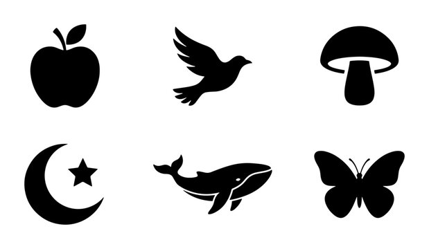 Set of 6 Simple Black Silhouette Icons: Apple, Dove, Mushroom, Crescent Moon Star, Whale, Butterfly. Nature and Symbolism Graphics.
