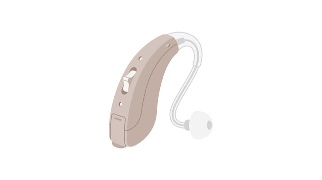 Modern beige behind-the-ear hearing aid device with transparent tube and earbud on white background