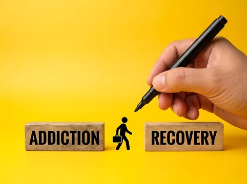 Conceptual illustration of journey from addiction to recovery with hand drawing figure moving forward