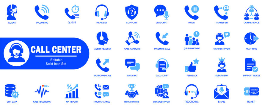 Call center customer service solid icon set. Including an agent support headset and communication. Vector Illustration.