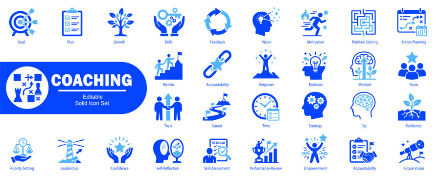 Coaching solid icon set, including symbols for mentorship, growth, and goal-oriented development. Vector Illustration.