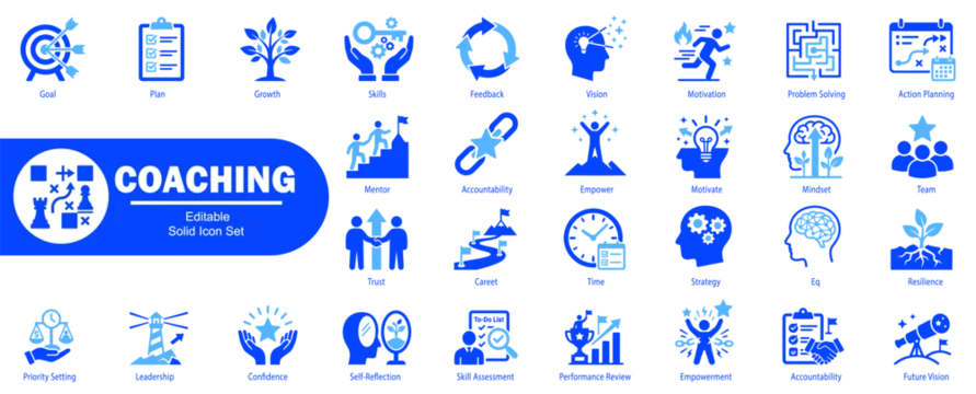 Coaching solid icon set, including symbols for mentorship, growth, and goal-oriented development. Vector Illustration.