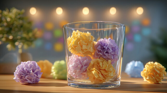 Crafted Paper Pom-Poms: A clear glass jar holds a vibrant collection of small, textured paper pom-poms in pastel hues, with more scattered around on a wooden surface.
