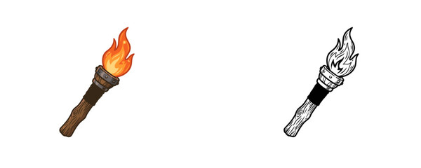 Wooden torch cartoons in color and black line styles showing ancient handheld stick with metal ring handle wrap and vibrant burning yellow orange fire flame © Dzianis