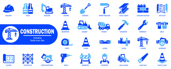 Construction icons set: helmet, vest, digger, crane, shovel, paint roller, steel beam, and concrete blocks. Vector Illustration. © icons.point