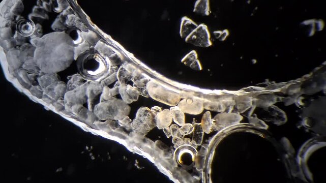Chemical reaction between vinegar and baking soda under microscope, acid base substance interaction