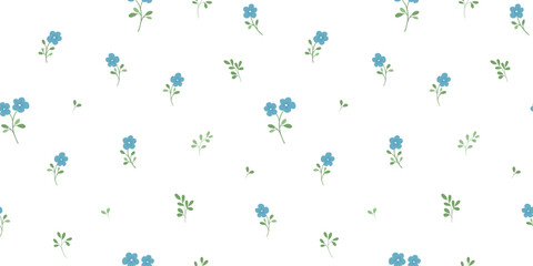 Fototapeta premium Seamless floral pattern with miniature blue flowers and leaves, small blossom on white background, vector repeating backdrop
