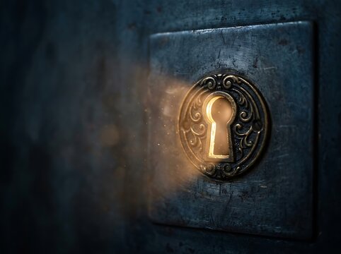 Glowing antique ornate keyhole with warm light shining through on dark textured surface