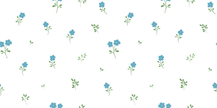 Seamless floral pattern with miniature blue flowers and leaves, small blossom on white background, vector repeating backdrop