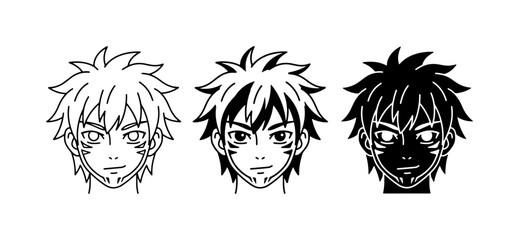 Obraz premium Anime Character Heads, Manga Style Portraits, Vector Icons, Black and White Illustrations