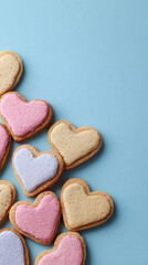 Obraz premium Heart-Shaped Cookies with Pink, Purple, and Cream Icing on Light Blue Background