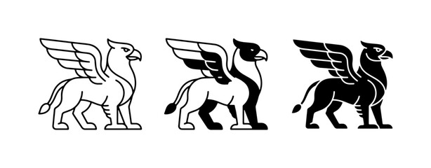 Obraz premium Mythical Griffin Icons Set, Heraldic Creature Vector Graphics, Ancient Symbol Collection