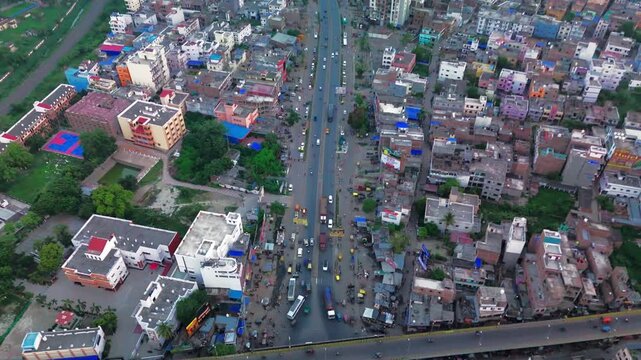 4K Aerial Top down Buildings and Apartment with Multiple Building aerial. Urban Buildings and Apartment at bridge road at Delhi. Cinematic cityscape drone shot. Noida Buildings.