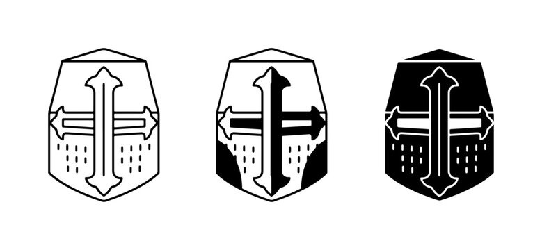 Medieval Crusader Helmets, Knights Templar Symbols, Historical Warrior Icons, Black and White Vector Graphics