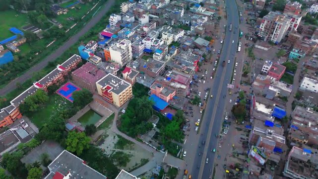 4K Aerial Top down Buildings and Apartment with Multiple Building aerial. Urban Buildings and Apartment at bridge road at Delhi. Cinematic cityscape drone shot. Noida Buildings.