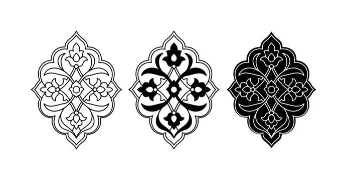 Ornate Floral Arabesque Vector Motifs, Islamic Geometric Patterns, Decorative Black and White Designs, Elegant Traditional Ornament Elements