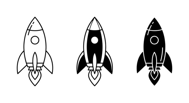 Three Rocket Ship Icons: Outline, Silhouette, and Filled Vector Graphics for Space Exploration and Technology Concepts