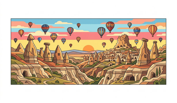 Hot air balloons flying over Cappadocia valley at sunset vector illustration