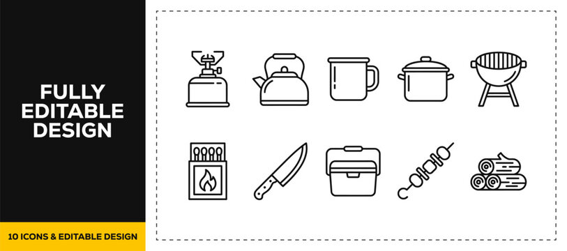 flat vector illustration line art icon bundle set design featuring outdoor camping cooking portable stoves grilling pots and nature food preparation graphics for UI UX