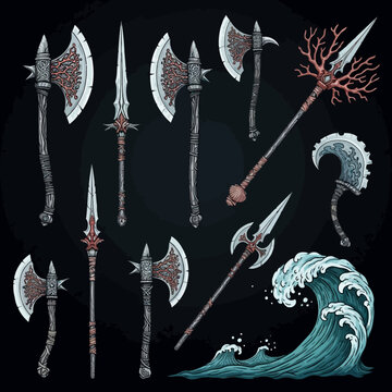 Collection of Fantasy Weapon Designs Including Medieval Hatchet Vector Illustrations and Decorative Polearms Set