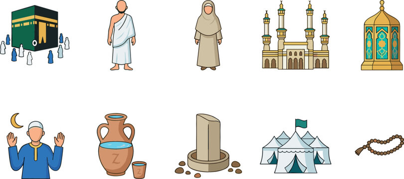 Islamic Hajj and Umrah Pilgrimage Icon Set Featuring Kaaba Ihram Clothing Mosque Lantern Zamzam Water Mina Tents and Jamarat Stoning Elements