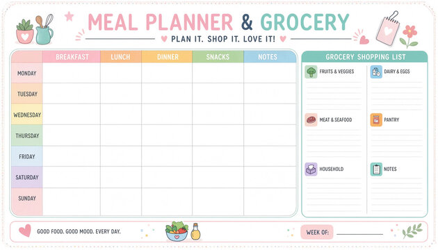 Digital Meal Planner and Grocery List Animation in Soft Pastel Colors