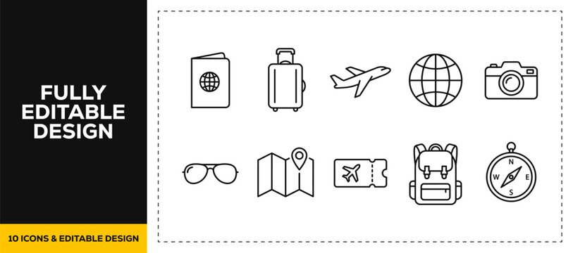 flat vector illustration line art icon bundle set design illustrating international travel tourism passports flight luggage and global vacation graphics for web UI UX apps