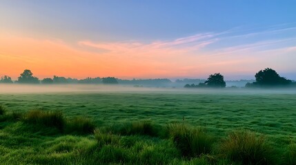 Obraz premium Serene sunrise over a misty green meadow with a colorful orange and pink sky.