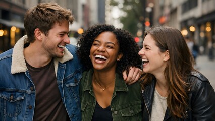 Fototapeta premium Three diverse young friends laughing heartily together on a city street, sharing a moment of joy and connection