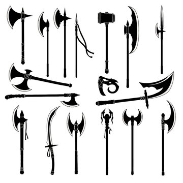 Collection of medieval polearms and hatchet vector set featuring various historical battle axes and ancient military steel combat weapons in solid black silhouettes