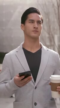 Vertical video: Looking down at phone, walking Asian man commuting with coffee cup in gray blazer