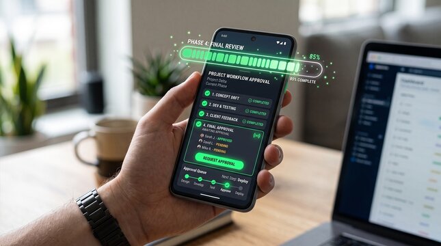 Mobile phone screen displaying a project workflow approval process with a progress bar management final review business productivity task planning technology software app smartphone hand