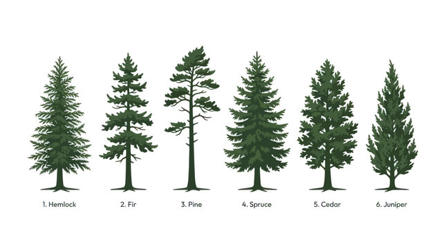 Various coniferous tree types illustration