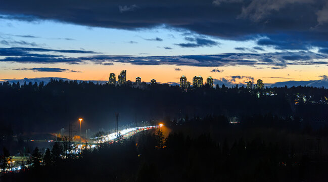 Twilight City Skyline with Highway Traffic Light Trails and Silhouetted Trees