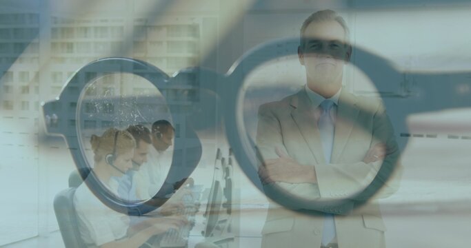 Manager turning as eyeglass overlay fading in, framing call-center agents and headsets, supervising